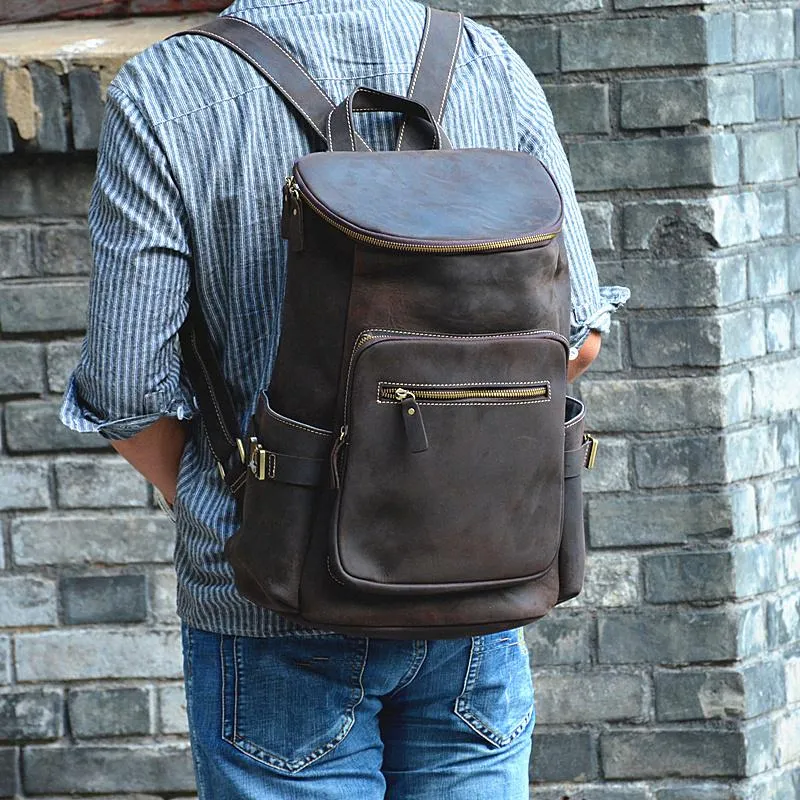 Cool Leather Mens Backpack Large Barrel Coffee Travel Backpacks Hiking Backpack for men