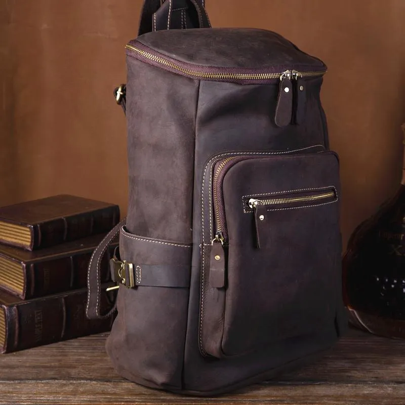 Cool Leather Mens Backpack Large Barrel Coffee Travel Backpacks Hiking Backpack for men