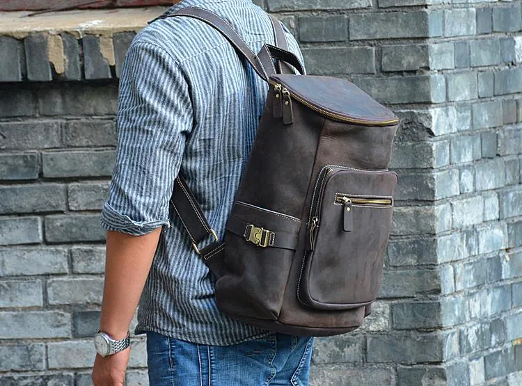 Cool Leather Mens Backpack Large Barrel Coffee Travel Backpacks Hiking Backpack for men