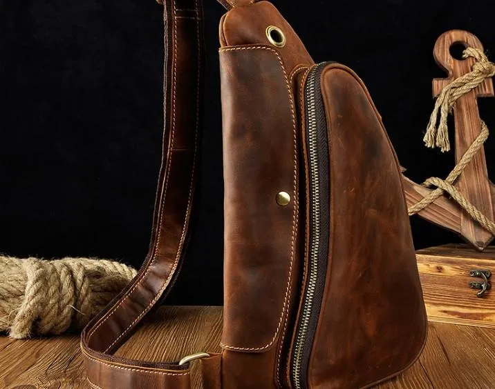 Cool Leather Mens One Shoulder Backpack Sling Bag Chest Bag Sling Backpack for men