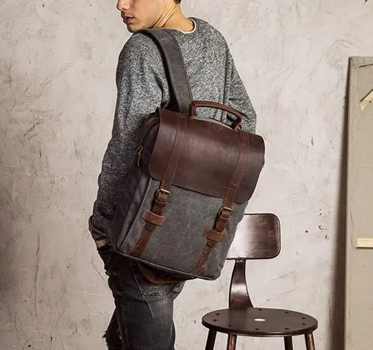Cool Mens Canvas Leather Travel Backpack Canvas Backpack Canvas School Bag for Men