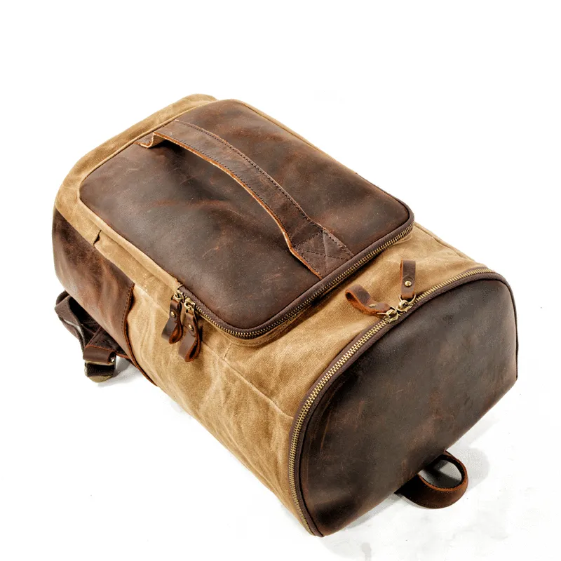 Cool Waxed Canvas Black Leather Mens 15.6???? Barrel Green Backpack Travel Backpack Hiking Backpack for Men
