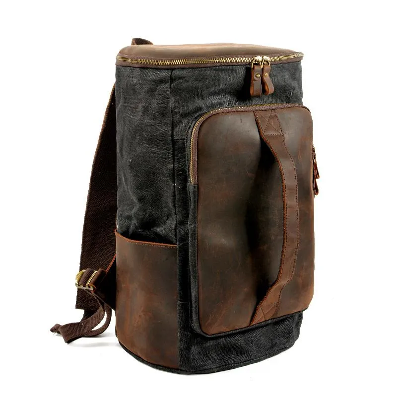 Cool Waxed Canvas Black Leather Mens 15.6???? Barrel Green Backpack Travel Backpack Hiking Backpack for Men