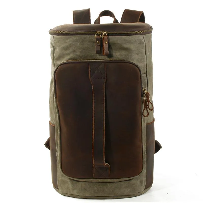 Cool Waxed Canvas Black Leather Mens 15.6???? Barrel Green Backpack Travel Backpack Hiking Backpack for Men