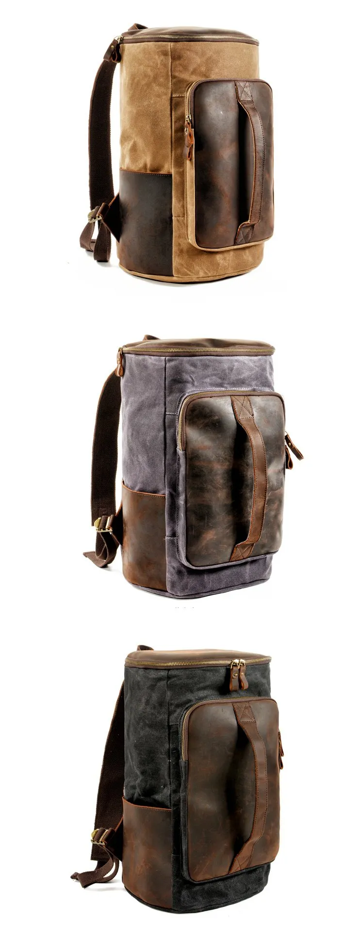 Cool Waxed Canvas Black Leather Mens 15.6???? Barrel Green Backpack Travel Backpack Hiking Backpack for Men