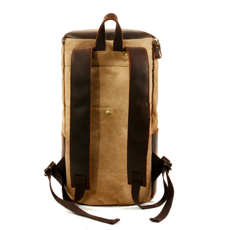 Cool Waxed Canvas Black Leather Mens 15.6???? Barrel Green Backpack Travel Backpack Hiking Backpack for Men