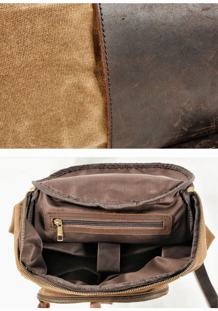Cool Waxed Canvas Black Leather Mens 15.6???? Barrel Green Backpack Travel Backpack Hiking Backpack for Men