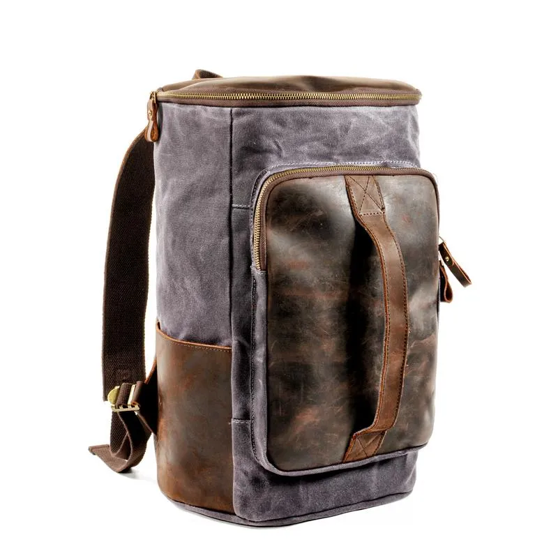 Cool Waxed Canvas Black Leather Mens 15.6???? Barrel Green Backpack Travel Backpack Hiking Backpack for Men