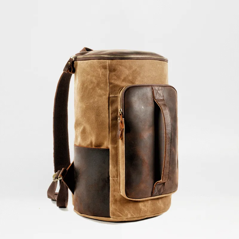 Cool Waxed Canvas Black Leather Mens 15.6???? Barrel Green Backpack Travel Backpack Hiking Backpack for Men