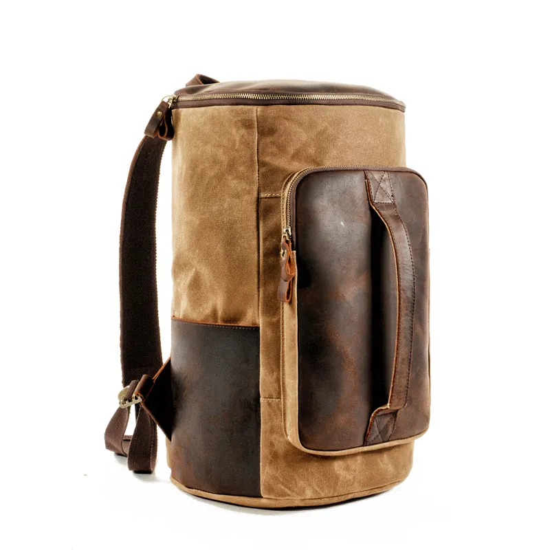 Cool Waxed Canvas Black Leather Mens 15.6???? Barrel Green Backpack Travel Backpack Hiking Backpack for Men