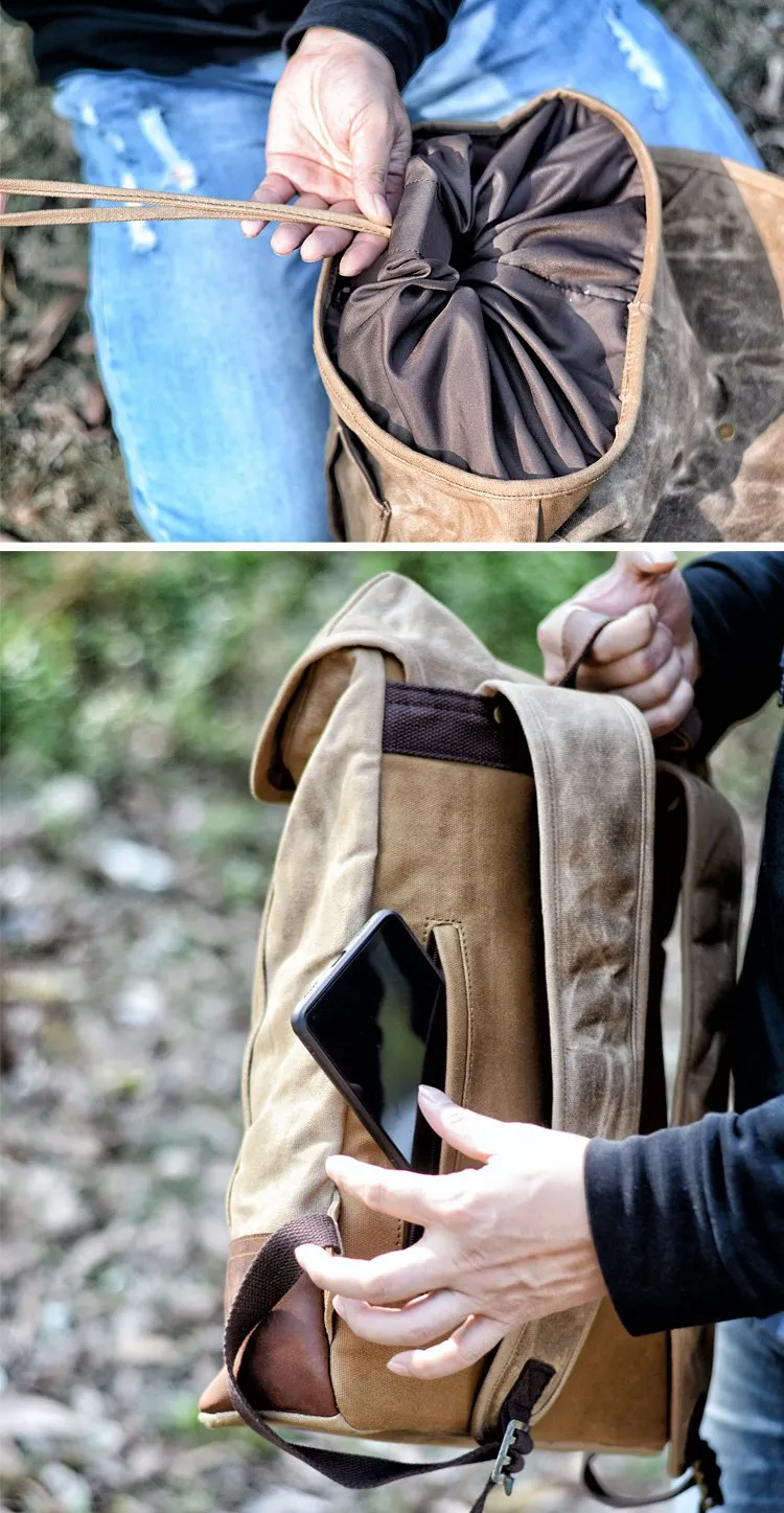 Cool Waxed Canvas Black Leather Waterproof 15'' Barrel Backpack Travel Backpack Bucket Hiking Backpack for Men
