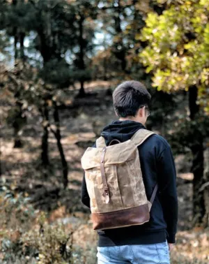 Cool Waxed Canvas Black Leather Waterproof 15'' Barrel Backpack Travel Backpack Bucket Hiking Backpack for Men