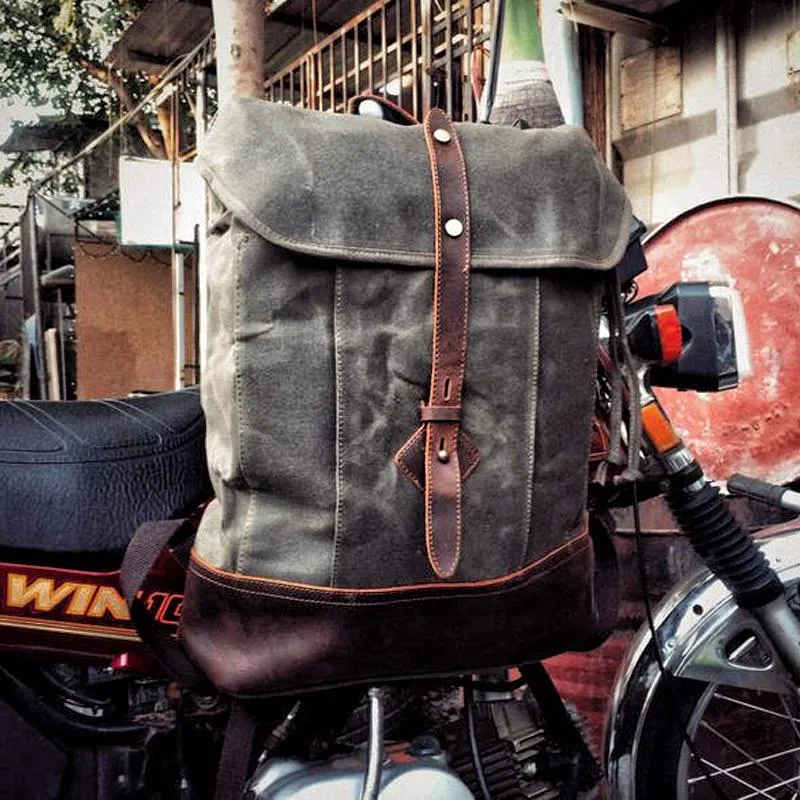 Cool Waxed Canvas Black Leather Waterproof 15'' Barrel Backpack Travel Backpack Bucket Hiking Backpack for Men