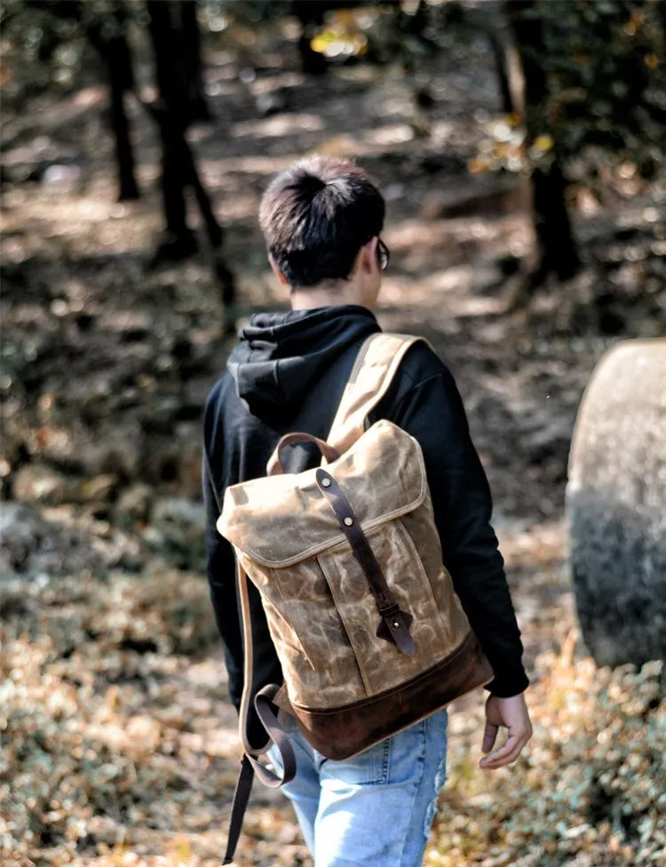 Cool Waxed Canvas Black Leather Waterproof 15'' Barrel Backpack Travel Backpack Bucket Hiking Backpack for Men