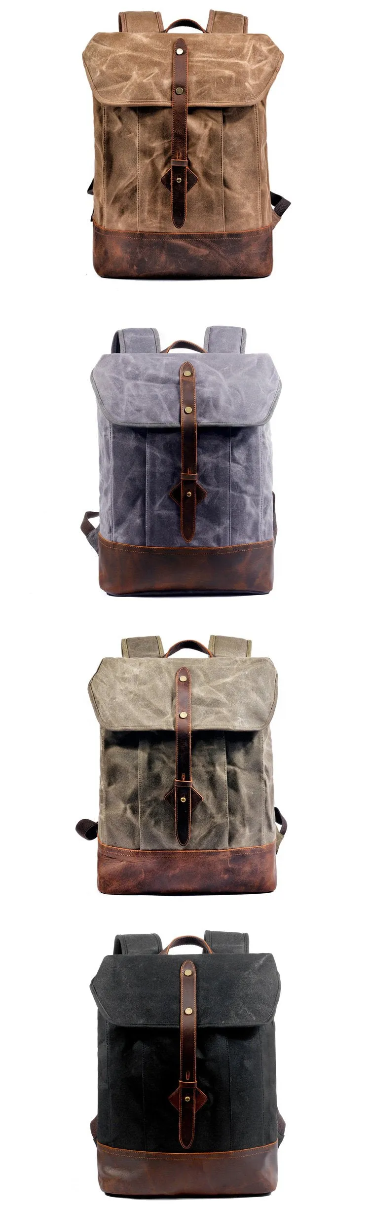 Cool Waxed Canvas Black Leather Waterproof 15'' Barrel Backpack Travel Backpack Bucket Hiking Backpack for Men