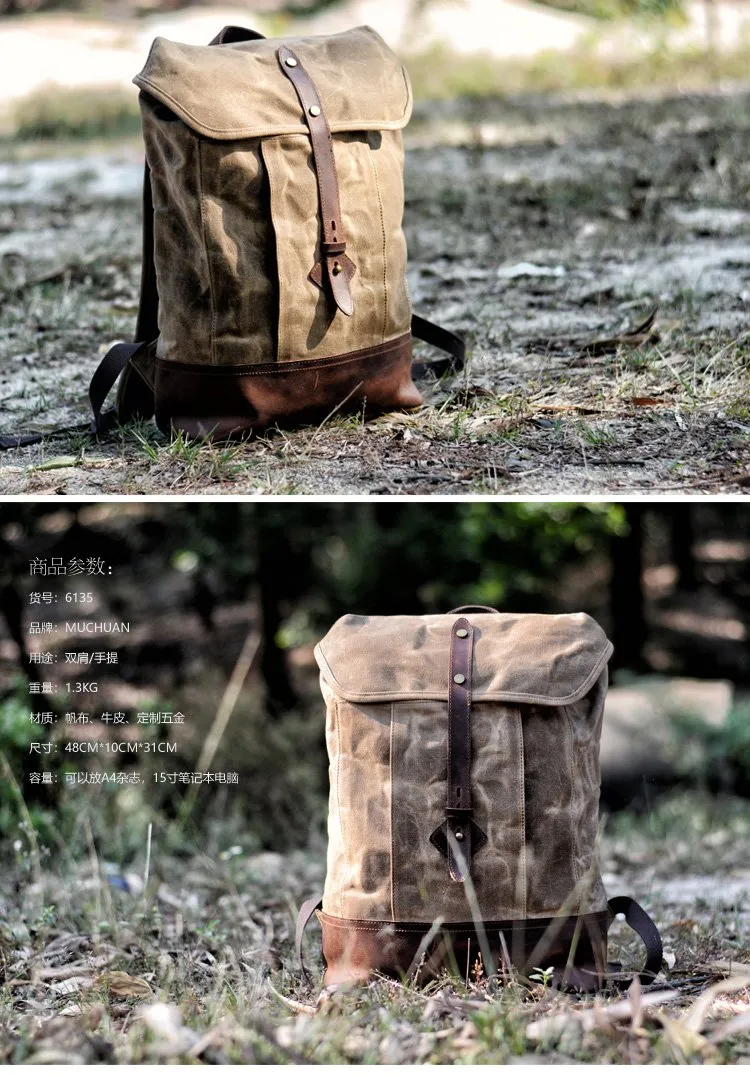 Cool Waxed Canvas Black Leather Waterproof 15'' Barrel Backpack Travel Backpack Bucket Hiking Backpack for Men