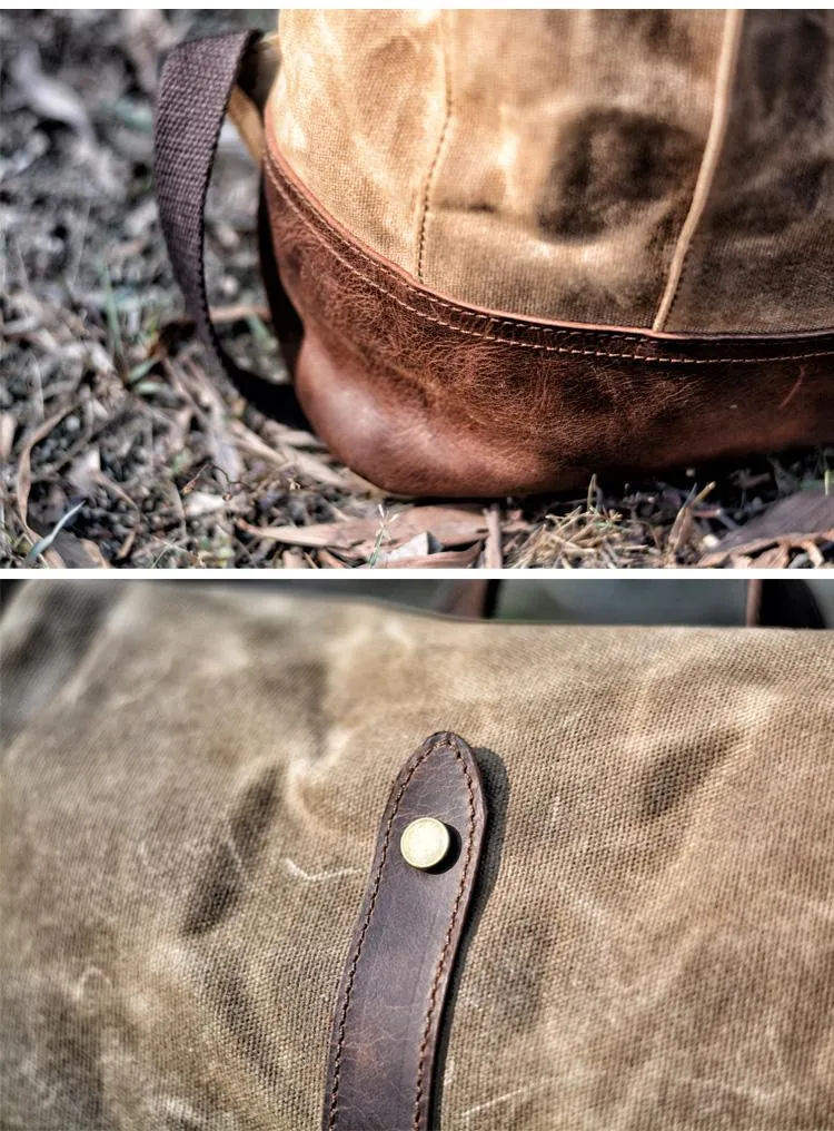 Cool Waxed Canvas Black Leather Waterproof 15'' Barrel Backpack Travel Backpack Bucket Hiking Backpack for Men