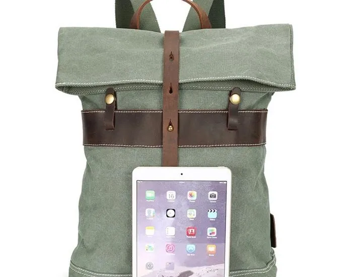 Cool Waxed Canvas Gray Leather Mens Backpack Canvas Travel Backpack Canvas School Backpack for Men