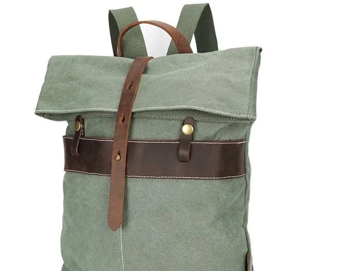 Cool Waxed Canvas Gray Leather Mens Backpack Canvas Travel Backpack Canvas School Backpack for Men