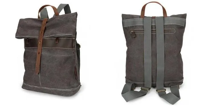 Cool Waxed Canvas Gray Leather Mens Backpack Canvas Travel Backpack Canvas School Backpack for Men