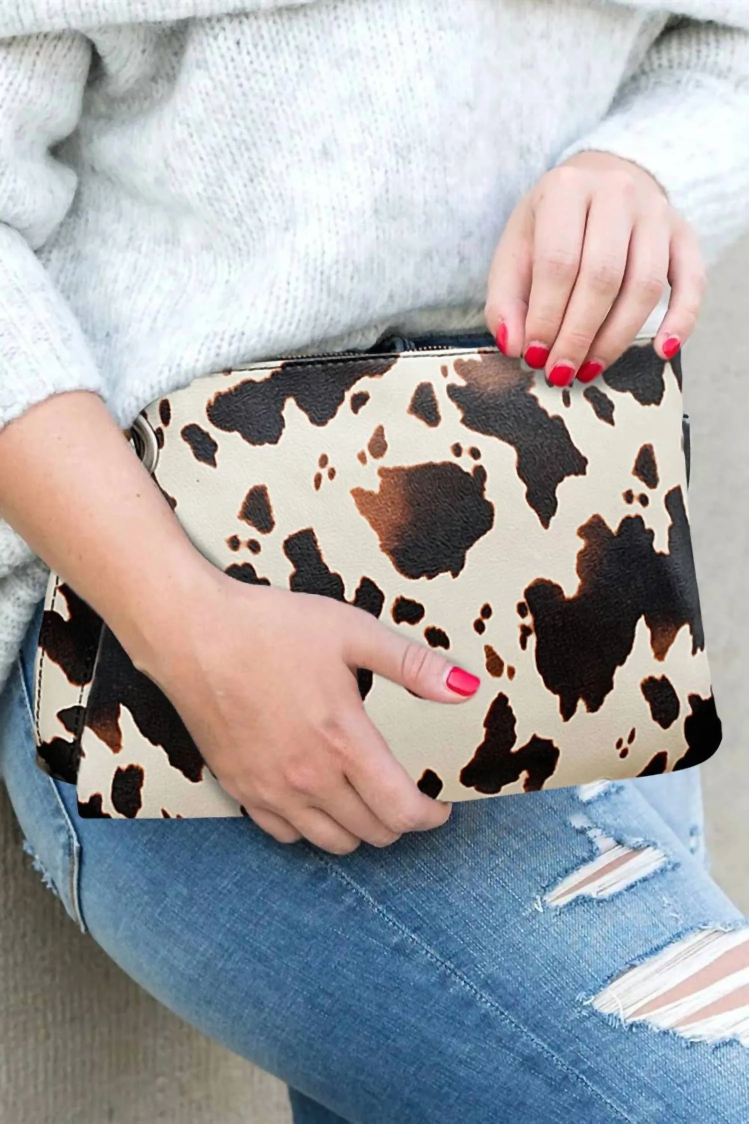 Cow Print Handbag Oversized Clutch Purse In Brown Cream