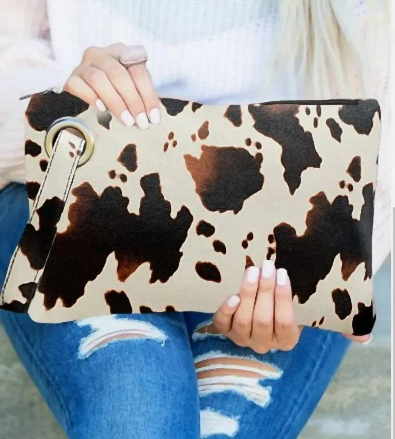 Cow Print Handbag Oversized Clutch Purse In Brown Cream