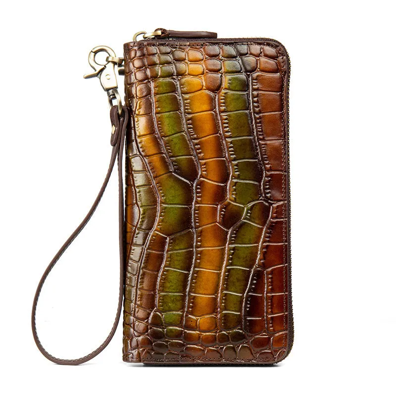 Crocodile Pattern Pink&Blue Leather Wristlet Wallet Womens Zip Around Wallets CONTRAST COLOR Ladies Zipper Clutch Wallets for Women