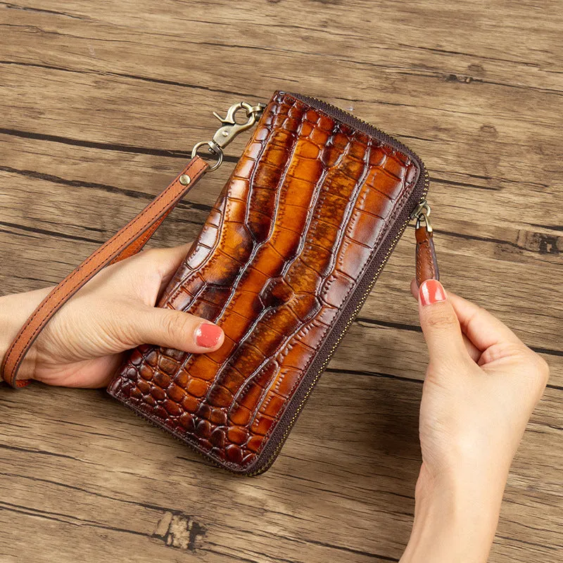 Crocodile Pattern Pink&Blue Leather Wristlet Wallet Womens Zip Around Wallets CONTRAST COLOR Ladies Zipper Clutch Wallets for Women