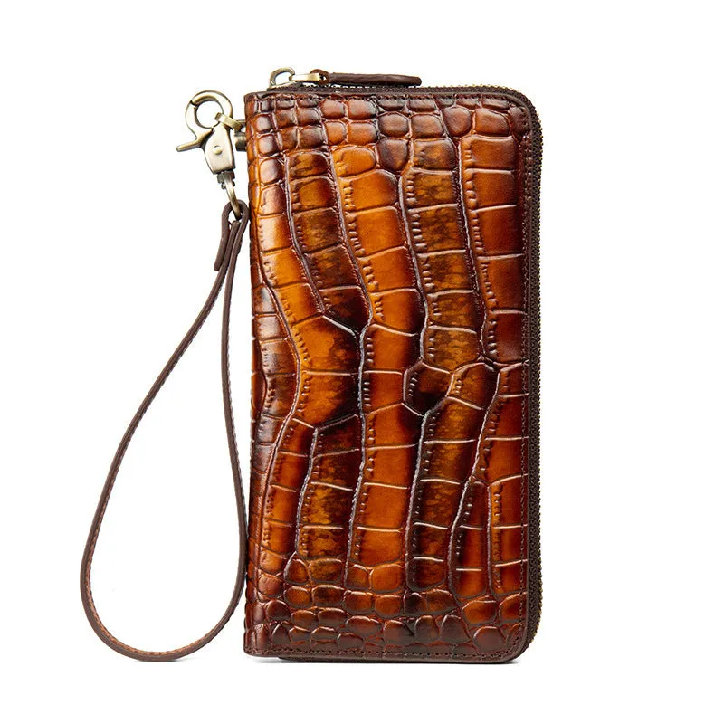 Crocodile Pattern Yellow&Blue Leather Wristlet Wallet Womens Zip Around Wallets CONTRAST COLOR Ladies Zipper Clutch Wallets for Women