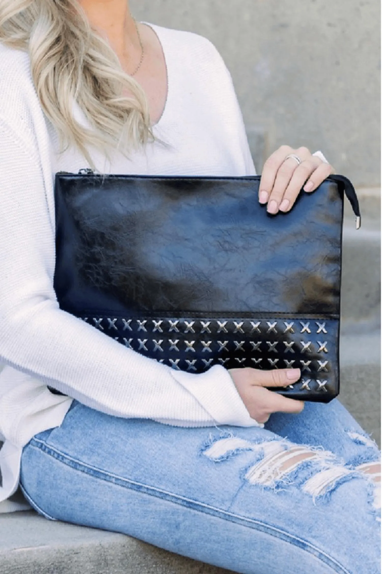 Cross Studded Faux Leather Clutch In Black