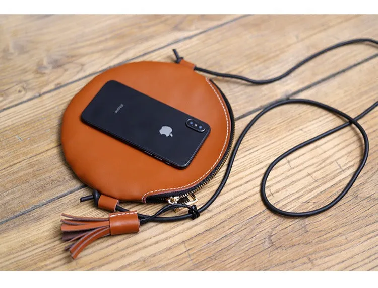 Cute Round LEATHER Slim Side Bag Coffee WOMEN Circle SHOULDER BAG Small Crossbody Purse FOR WOMEN