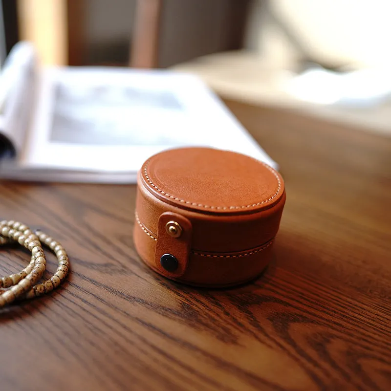 Cute Women Brown Leather Round Coin Wallet Box Small Portable Jewelry Storage Box For Women