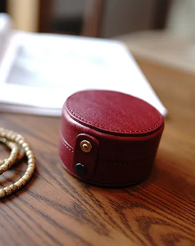 Cute Women Brown Leather Round Coin Wallet Box Small Portable Jewelry Storage Box For Women