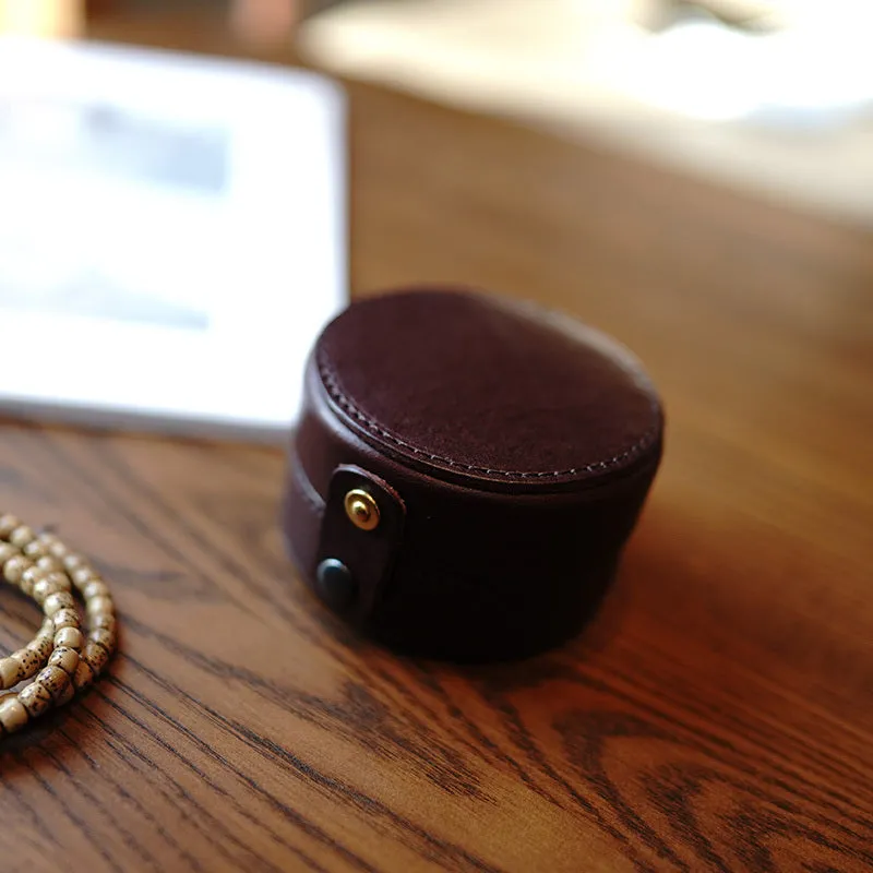 Cute Women Brown Leather Round Coin Wallet Box Small Portable Jewelry Storage Box For Women