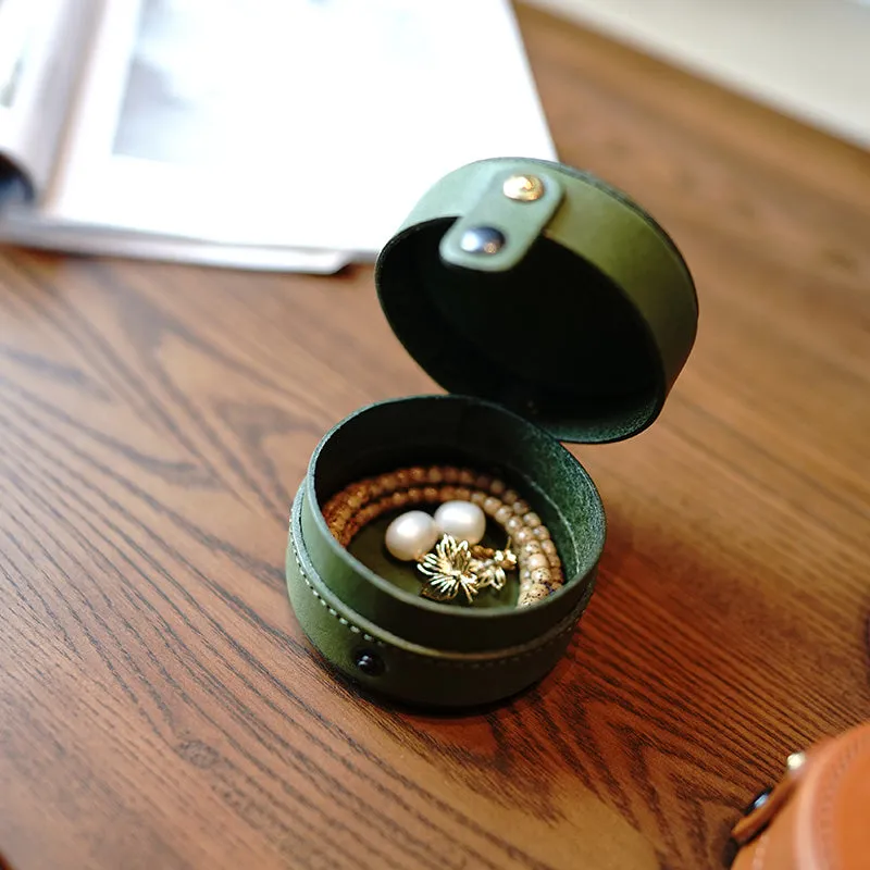 Cute Women Brown Leather Round Coin Wallet Box Small Portable Jewelry Storage Box For Women