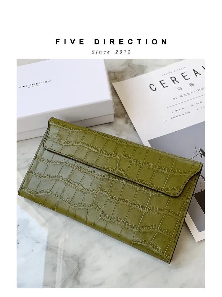 Cute Women Rose Pink Vegan Leather Long Wallet Crocodile Pattern Card Holder Clutch Wallet For Women