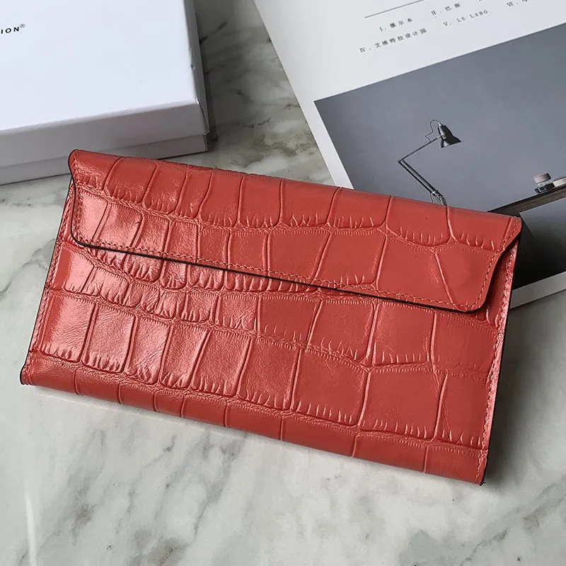 Cute Women Rose Pink Vegan Leather Long Wallet Crocodile Pattern Card Holder Clutch Wallet For Women