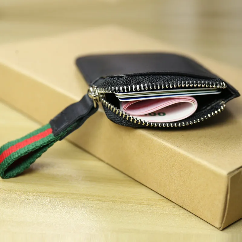 Cute Women Slim Black Leather Mini Zip Coin Wallet Small Zip Change Wallet For Women