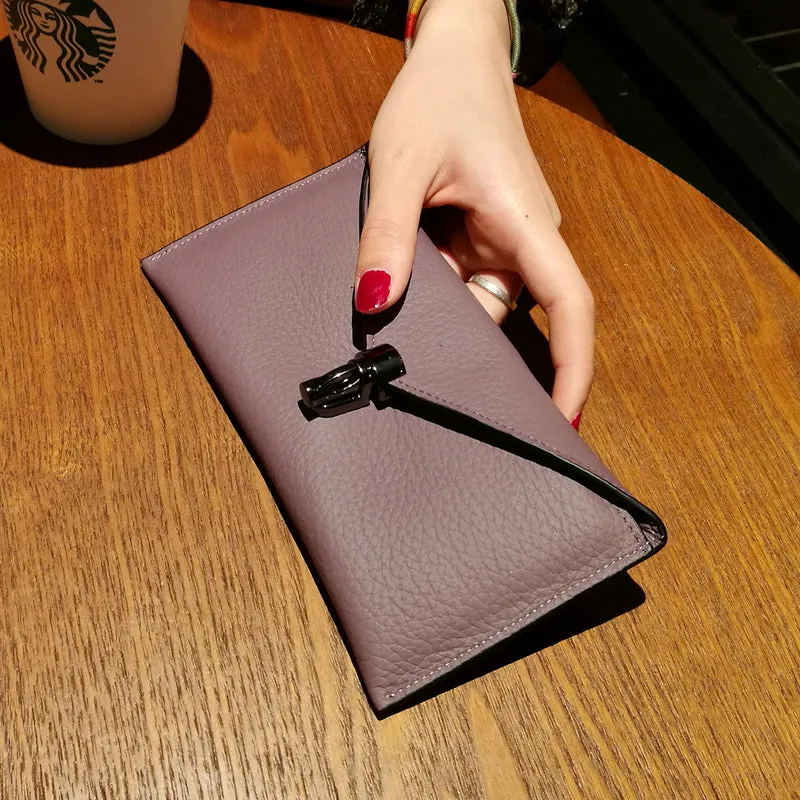 Cute Womens Black Leather Envelope Wallet Slim Clutch Purse Checkbook Long Wallet for Women