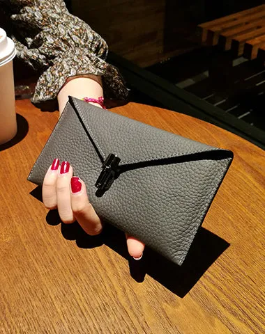 Cute Womens Black Leather Envelope Wallet Slim Clutch Purse Checkbook Long Wallet for Women