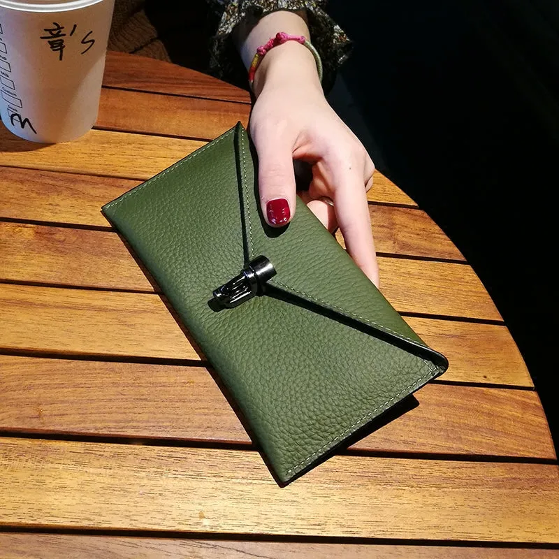 Cute Womens Black Leather Envelope Wallet Slim Clutch Purse Checkbook Long Wallet for Women