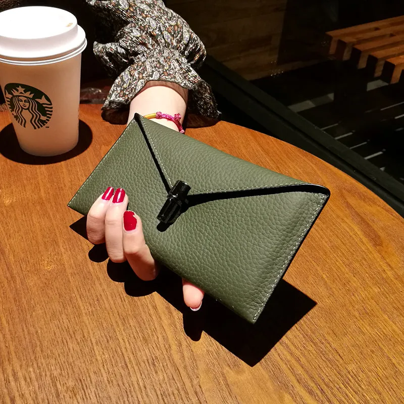 Cute Womens Black Leather Envelope Wallet Slim Clutch Purse Checkbook Long Wallet for Women