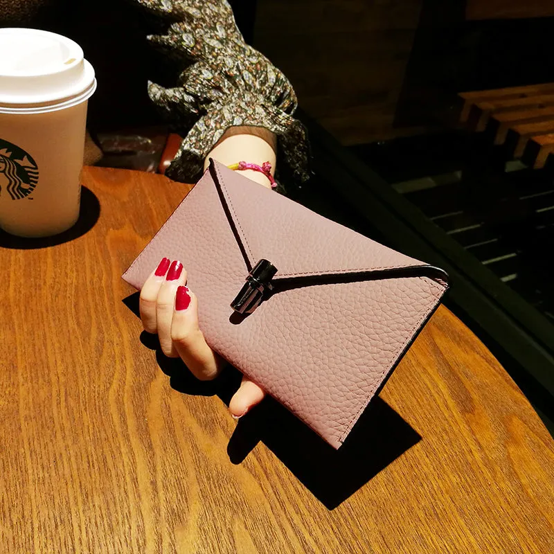 Cute Womens Black Leather Envelope Wallet Slim Clutch Purse Checkbook Long Wallet for Women