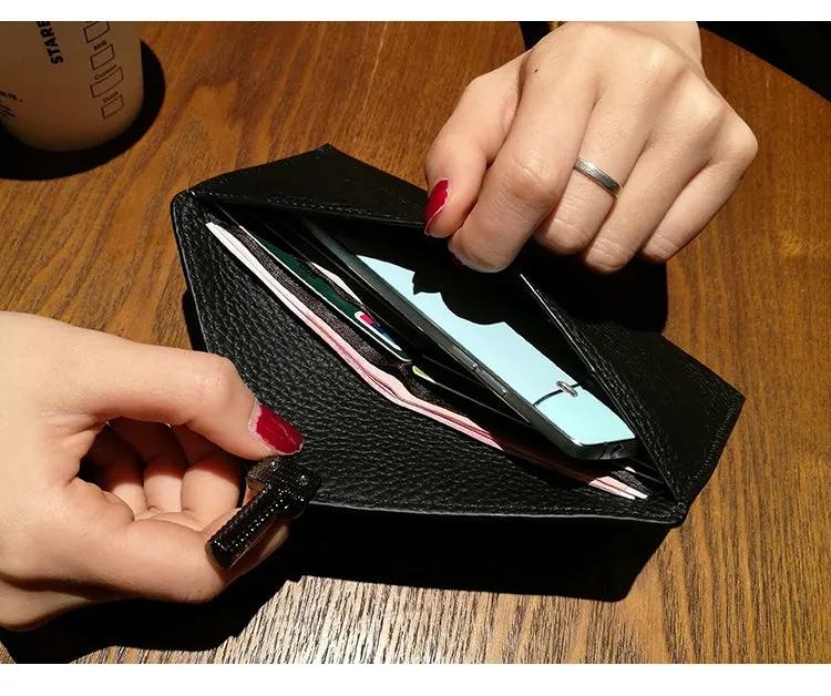 Cute Womens Black Leather Envelope Wallet Slim Clutch Purse Checkbook Long Wallet for Women