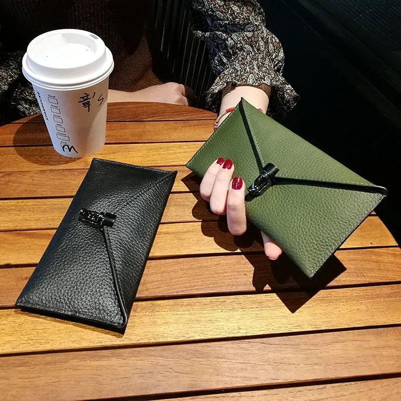 Cute Womens Black Leather Envelope Wallet Slim Clutch Purse Checkbook Long Wallet for Women