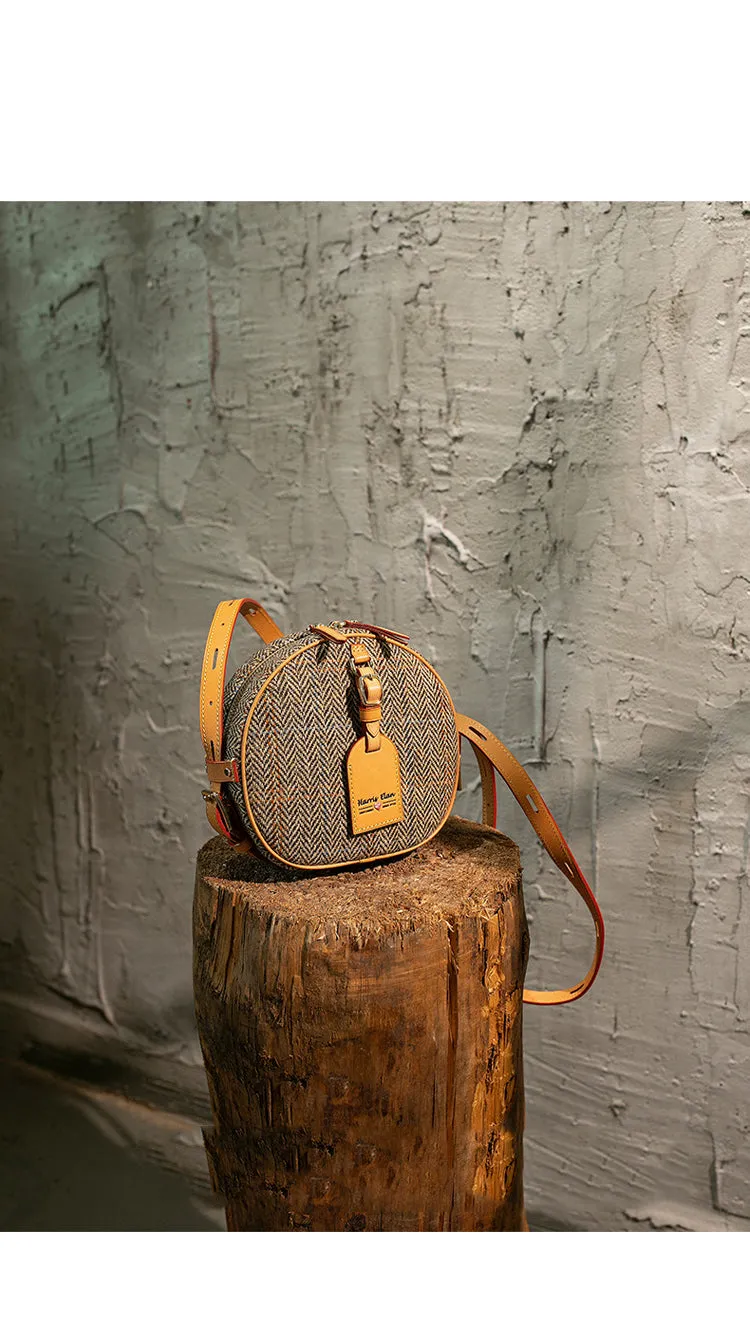Cute Womens Small Yellow Leather Tweed Round Crossbody Purse Handmade Round Shoulder Bag for Women
