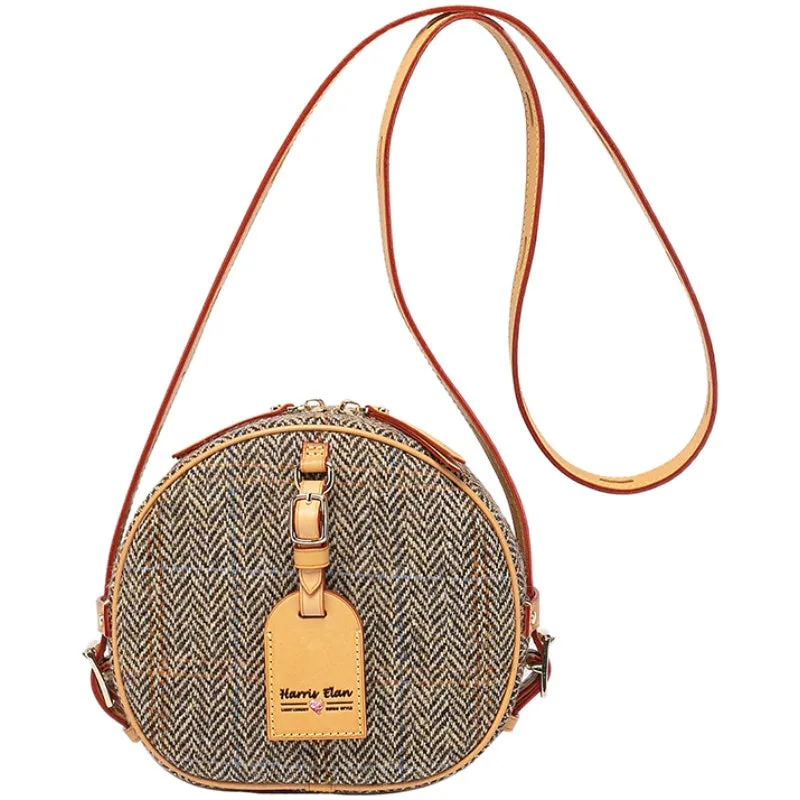 Cute Womens Small Yellow Leather Tweed Round Crossbody Purse Handmade Round Shoulder Bag for Women