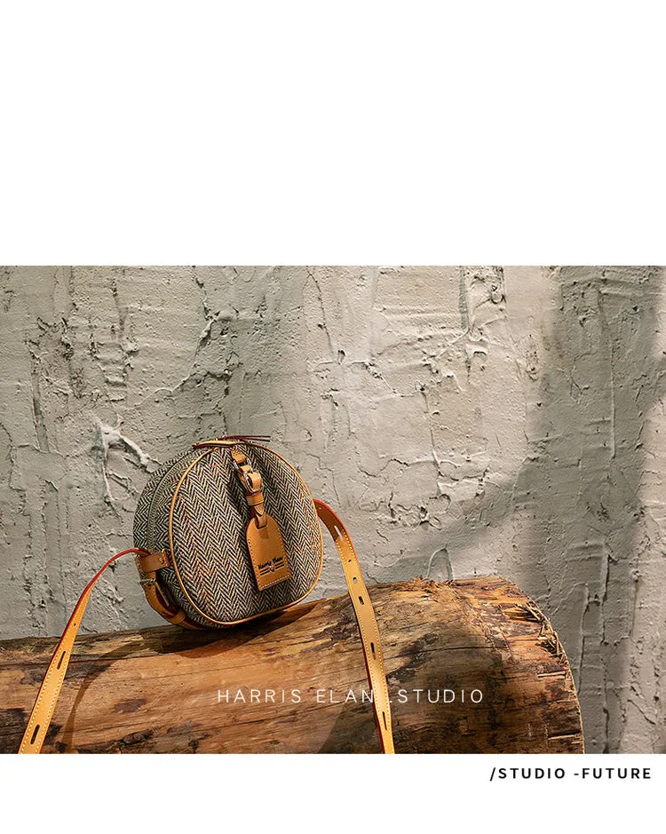 Cute Womens Small Yellow Leather Tweed Round Crossbody Purse Handmade Round Shoulder Bag for Women