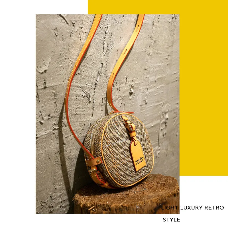 Cute Womens Small Yellow Leather Tweed Round Crossbody Purse Handmade Round Shoulder Bag for Women