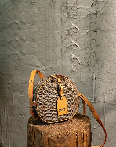 Cute Womens Small Yellow Leather Tweed Round Crossbody Purse Handmade Round Shoulder Bag for Women